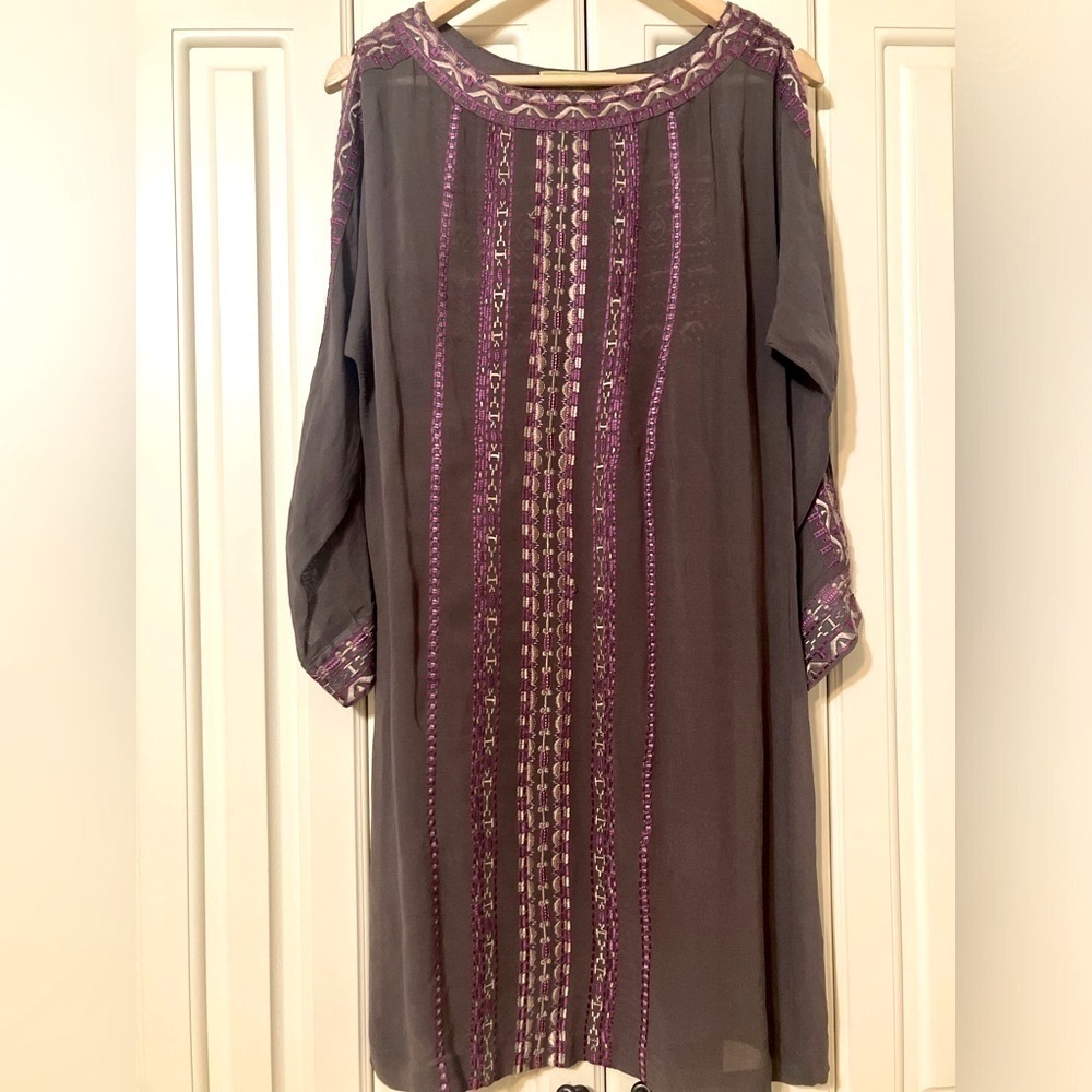 SIGRID‎ OLSEN Brown Embroidered Sheer Tunic Dress/Cover Up Open Sleeve Size 4